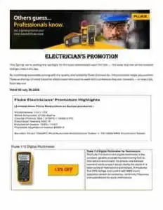 Promotional flyer for electricians with the title 'ELECTRICIAN'S PROMOTION' and sections listing promotion highlights and a product image with a discount label.