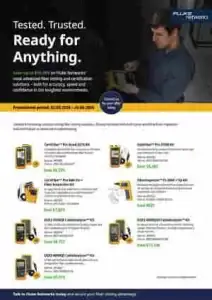 Promotional flyer titled 'Ready for Anything' showing a man using a power drill on the right and a grid of tool product images with prices on the left.