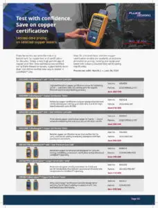 Advertisement banner promoting copper certification testing; a technician holds a yellow handheld Fluke tester.